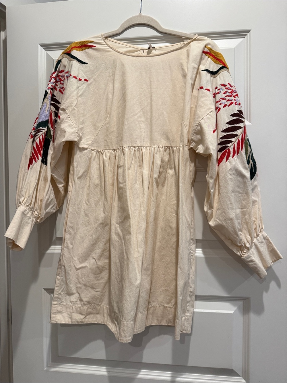 Free People Cream Embroidered Balloon Sleeve dress